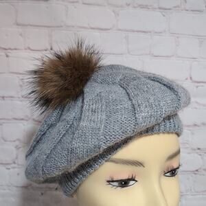 Dahlia Accessories Angora Blend Gray Beret Hat Real Fur Pom Pom